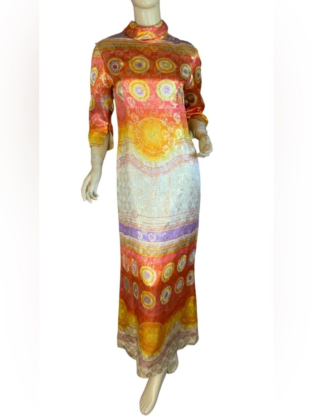 VINTAGE 1970'S MALCOLM STARR ELINOR SIMMON ORANGE METALLIC MAXI DRESS (M)